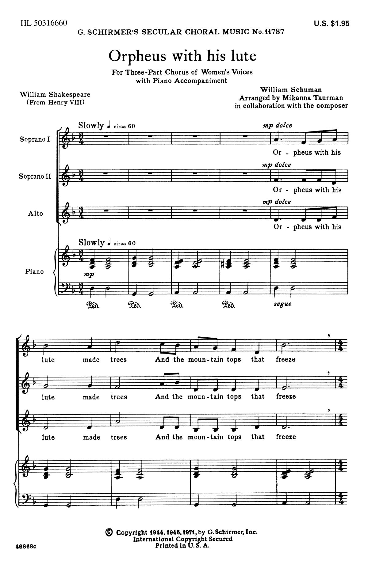 Orpheus With His Lute ( SSA With Piano ) Willis Music Store